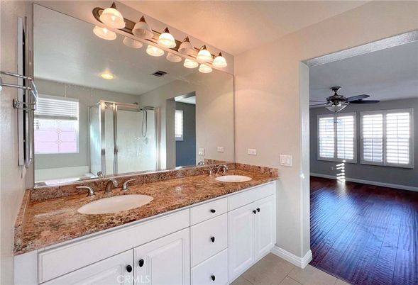 Bathroom, Dual Sink Vanities, Glass Shower, Interior, Wood Texture Flooring