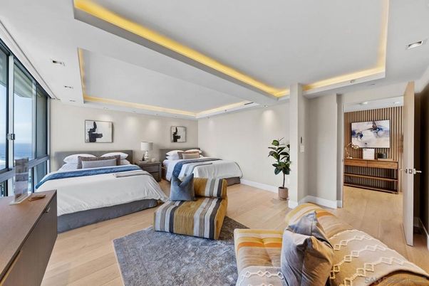 Bedroom, Interior, Recessed Lighting, Water, Wood Texture Flooring