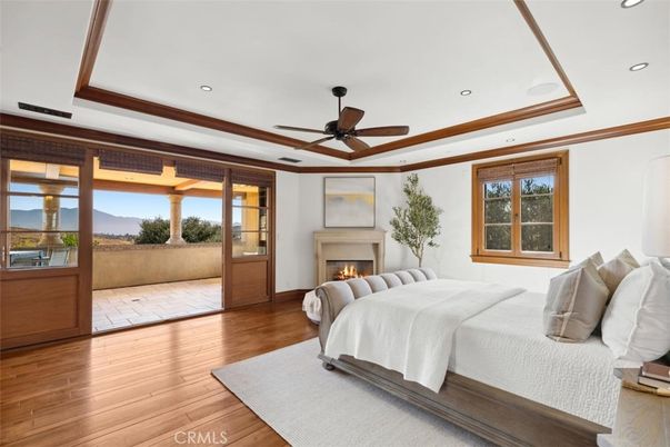 Bedroom, Fireplace, Interior, Recessed Lighting, Wood Texture Flooring
