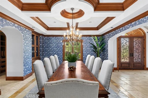Chandelier, Dining room, Interior, Recessed Lighting, Wooden Beams