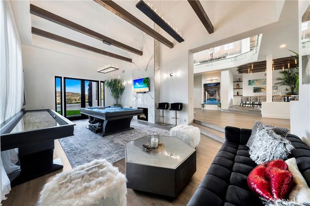 Billiard Table, Game Room, Interior, Living room, Pendant Lights, Recessed Lighting, Wooden Beams, Wood Texture Flooring