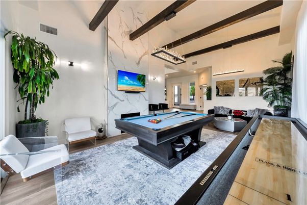 Billiard Table, Game Room, Interior, Living room, Marble Walls, Pendant Lights, Wooden Beams, Wood Texture Flooring