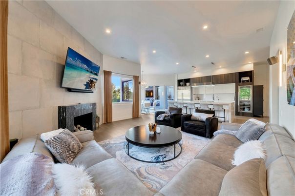 Fireplace, Interior, Kitchen, Living room, Pendant Lights, Recessed Lighting, Stone Walls, Wood Texture Flooring