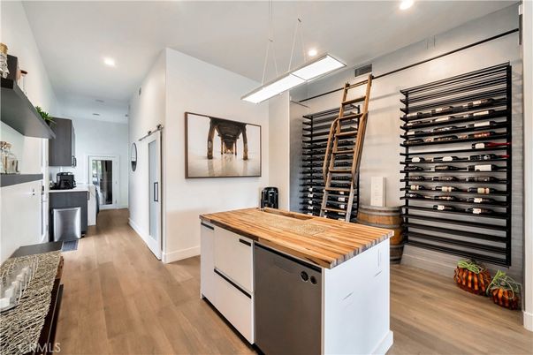 Interior, Kitchen, Pendant Lights, Recessed Lighting, Wine Storage, Wood Texture Flooring