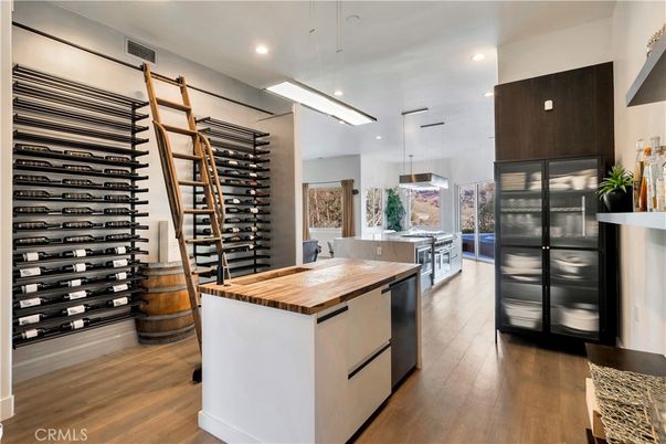 Interior, Kitchen, Pendant Lights, Recessed Lighting, Wine Storage, Wood Texture Flooring