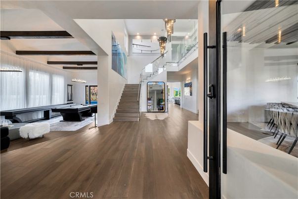Billiard Table, Game Room, Interior, Pendant Lights, Recessed Lighting, Wood Texture Flooring