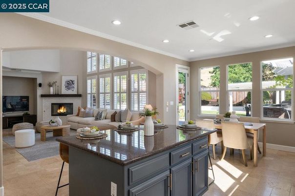 Dining room, Fireplace, Interior, Living room, Recessed Lighting