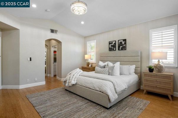 Bedroom, Interior, Recessed Lighting, Wood Texture Flooring