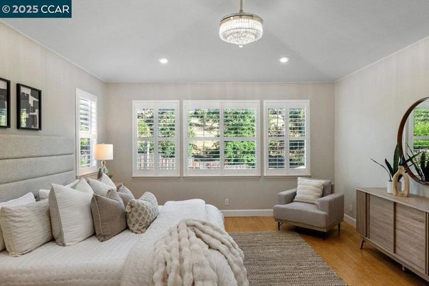 Bedroom, Chandelier, Interior, Recessed Lighting, Wood Texture Flooring