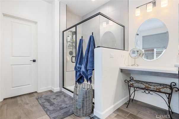 Bathroom, Glass Shower, Interior, Wood Texture Flooring