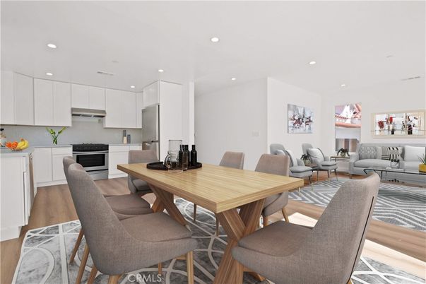 Dining room, Interior, Kitchen, Living room, Recessed Lighting, Wood Texture Flooring