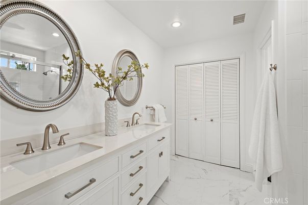 Bathroom, Dual Sink Vanities, Interior, Marble, Recessed Lighting