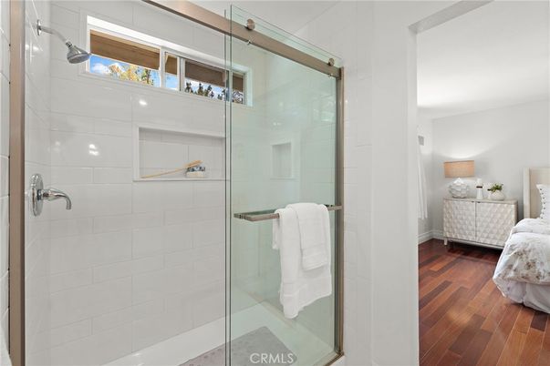 Bathroom, Glass Shower, Interior, Wood Texture Flooring