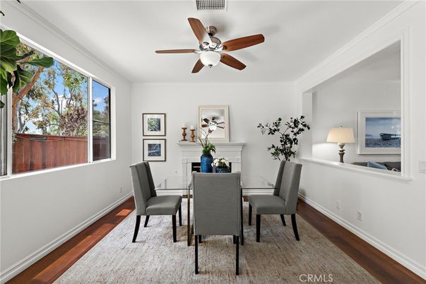 Dining room, Fireplace, Interior, Wood Texture Flooring