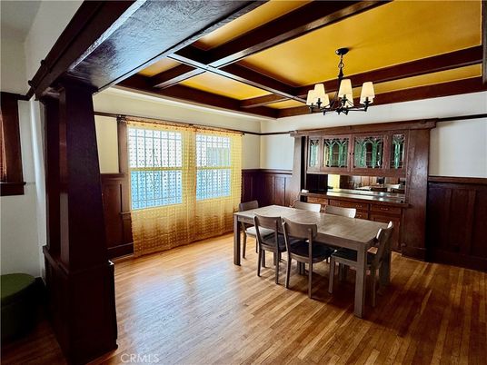 Chandelier, Dining room, Interior, Wooden Beams, Wood Texture Flooring