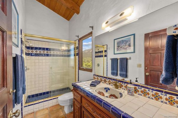 Bathroom, Glass Shower, Interior, Tile Countertops, Wooden Beams