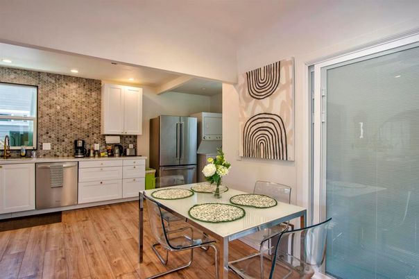 Dining room, Interior, Kitchen, Recessed Lighting, Stainless Steel Appliances, Wood Texture Flooring