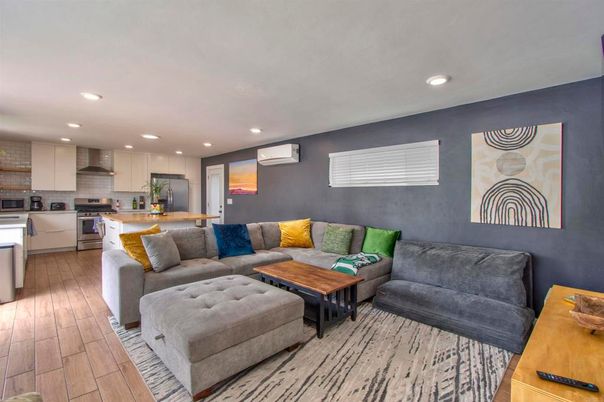 Interior, Kitchen, Living room, Recessed Lighting, Stainless Steel Appliances, Wood Texture Flooring