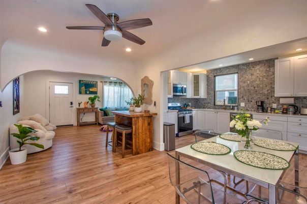 Dining room, Interior, Kitchen, Recessed Lighting, Stainless Steel Appliances, Wood Texture Flooring