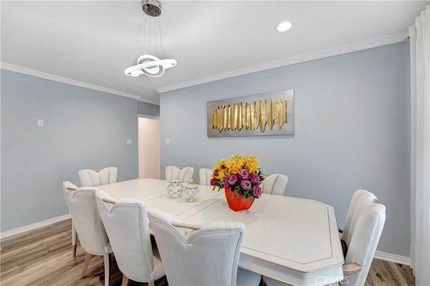 Dining room, Interior, Pendant Lights, Recessed Lighting, Wood Texture Flooring