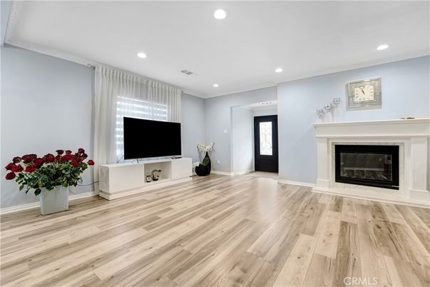 Empty room, Fireplace, Interior, Recessed Lighting, Wood Texture Flooring