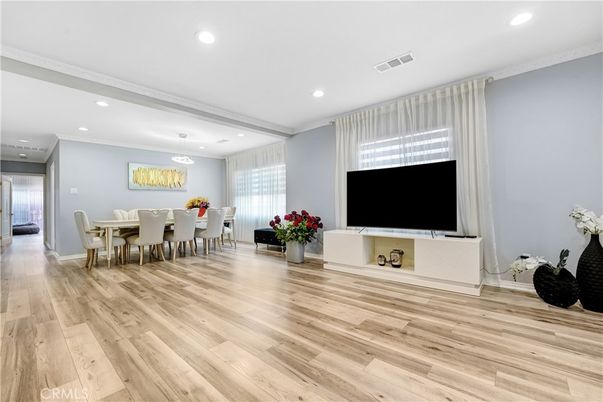 Dining room, Interior, Pendant Lights, Recessed Lighting, Wood Texture Flooring