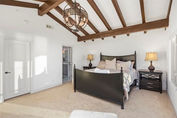 Bedroom, Chandelier, Interior, Pendant Lights, Wooden Beams