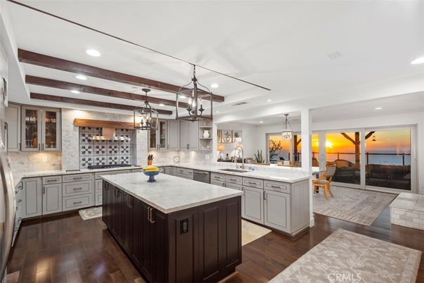 Interior, Kitchen, Pendant Lights, Recessed Lighting, Water, Wooden Beams, Wood Texture Flooring