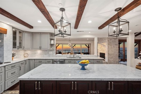 Interior, Kitchen, Pendant Lights, Recessed Lighting, Stainless Steel Appliances, Stone Walls, Water, Wooden Beams