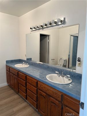 Bathroom, Dual Sink Vanities, Interior, Tile Countertops, Wood Texture Flooring