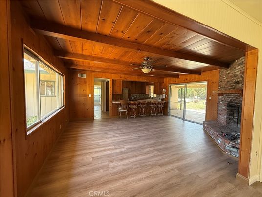 Empty room, Fireplace, Interior, Stone Walls, Wooden Beams, Wooden Ceilings, Wood Texture Flooring, Wooden Walls