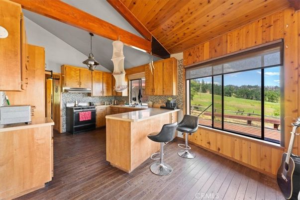 Interior, Kitchen, Pendant Lights, Stainless Steel Appliances, Wooden Beams, Wooden Ceilings, Wood Texture Flooring