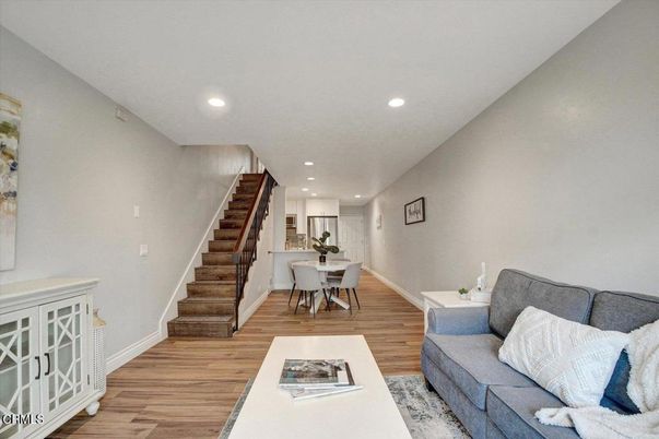 Dining room, Interior, Living room, Recessed Lighting, Wood Texture Flooring