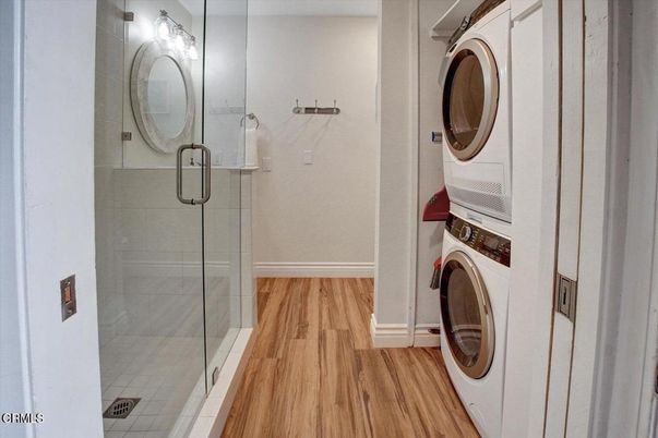 Bathroom, Glass Shower, Interior, Utility Closets, Washer, Wood Texture Flooring