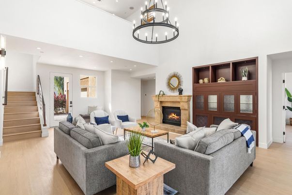Chandelier, Fireplace, Interior, Living room, Recessed Lighting, Wood Texture Flooring