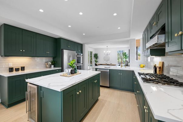Chandelier, Interior, Kitchen, Recessed Lighting, Stainless Steel Appliances, Wood Texture Flooring