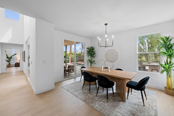 Dining room, Interior, Pendant Lights, Wood Texture Flooring