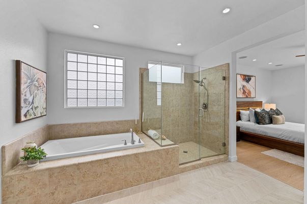 Bathroom, Bedroom, Glass Shower, Interior, Recessed Lighting, Wood Texture Flooring