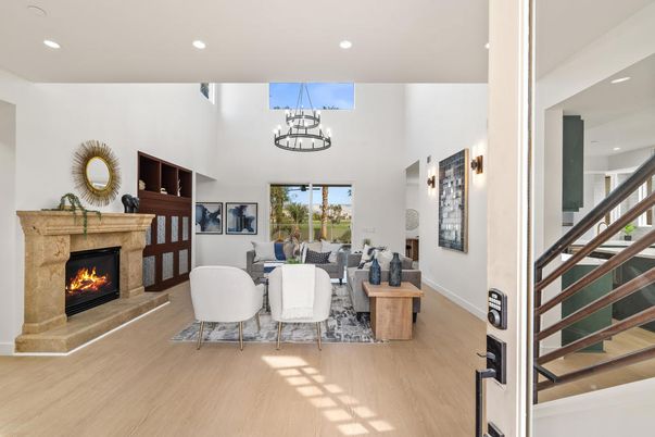 Fireplace, Interior, Living room, Pendant Lights, Recessed Lighting, Wood Texture Flooring