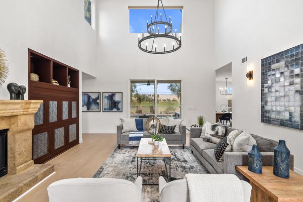 Chandelier, Dining room, Fireplace, Interior, Living room, Pendant Lights, Wood Texture Flooring