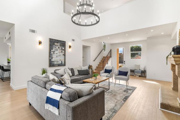 Chandelier, Fireplace, Interior, Living room, Recessed Lighting, Wood Texture Flooring