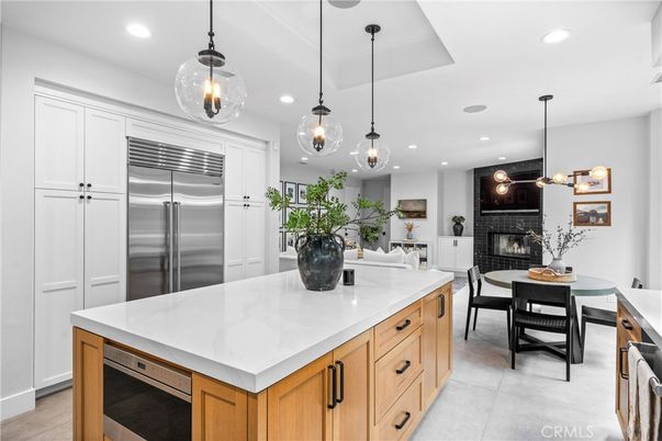 Dining room, Fireplace, Interior, Kitchen, Pendant Lights, Recessed Lighting, Stainless Steel Appliances