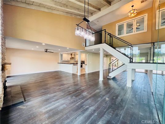 Chandelier, Interior, Pendant Lights, Recessed Lighting, Wooden Beams, Wooden Ceilings, Wood Texture Flooring