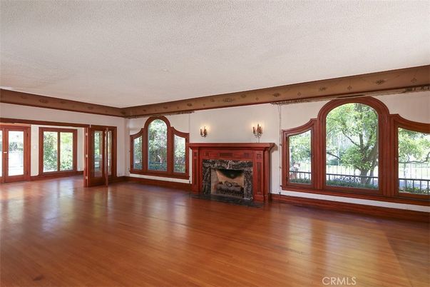 Empty room, Fireplace, Interior, Wooden Beams, Wood Texture Flooring