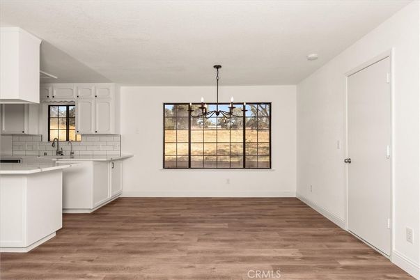 Empty room, Interior, Kitchen, Pendant Lights, Wood Texture Flooring