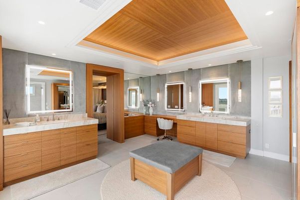 Bathroom, Dual Sink Vanities, Interior, Recessed Lighting, Wooden Ceilings