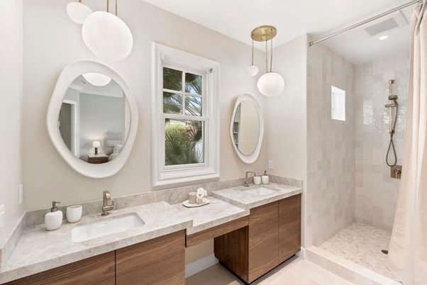Bathroom, Dual Sink Vanities, Interior, Pendant Lights, Recessed Lighting