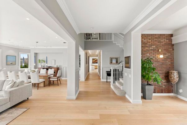 Dining room, Interior, Pendant Lights, Recessed Lighting, Stone Walls, Wood Texture Flooring