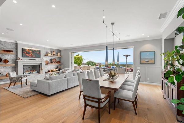 Dining room, Fireplace, Interior, Living room, Pendant Lights, Recessed Lighting, Wood Texture Flooring