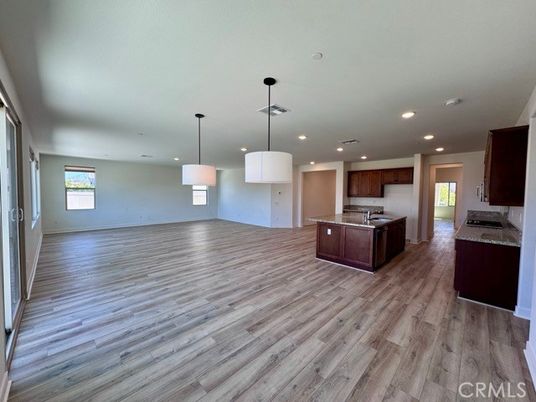 Empty room, Interior, Kitchen, Pendant Lights, Recessed Lighting, Wood Texture Flooring